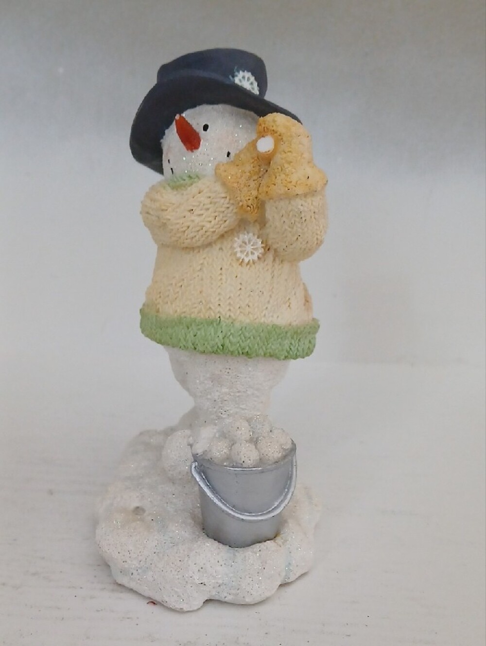 Snowman Figurine with Yellow Mittens and Navy Hat - Decorative Home Accent - Picture 4 of 4